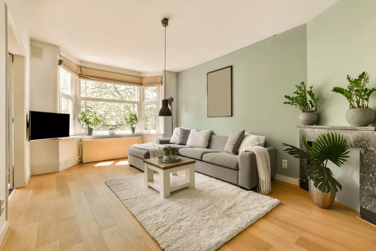 Bright living room with a sage green accent wall, white trim and a bay window