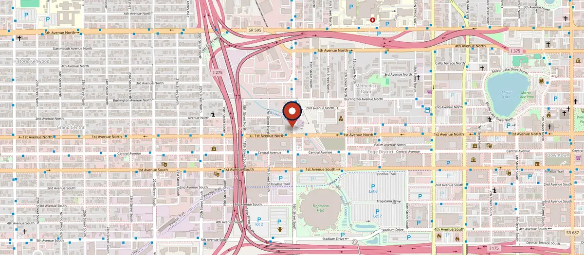 Street map of downtown St. Petersburg with a pin at 160 16th St N, St. Petersburg, FL 33705, near 1st Avenue North and 16th Street North