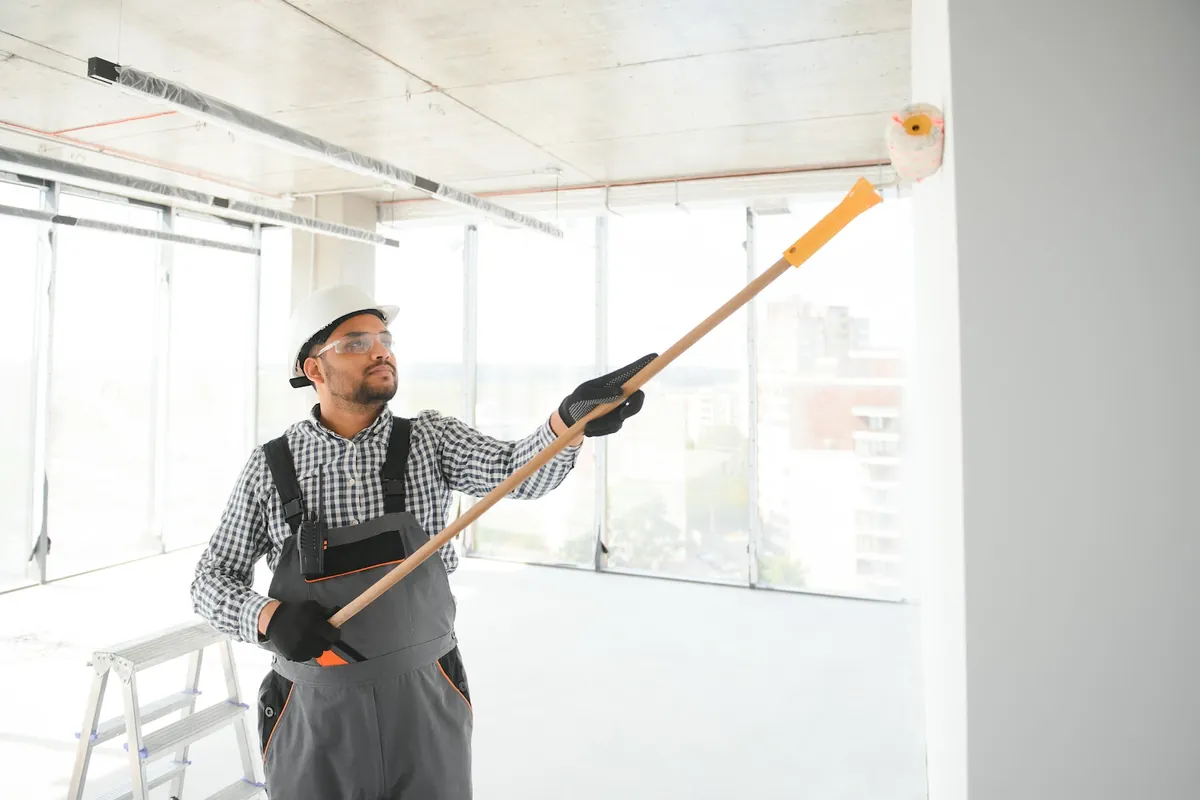 Painter with an extension roller painting a commercial interior wall
