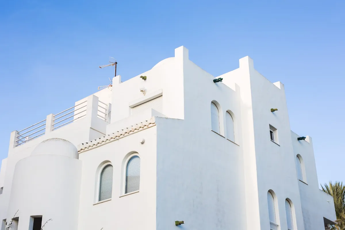 White stucco home with arched windows and a palm tree
